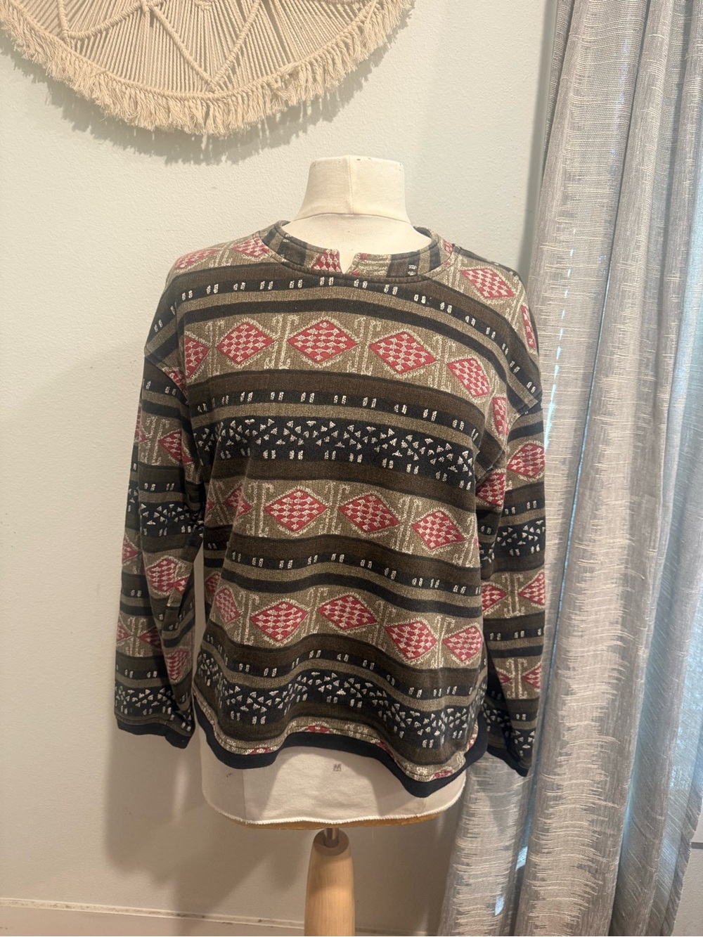 Chico's Olive and Red Patterned Crewneck Sweater